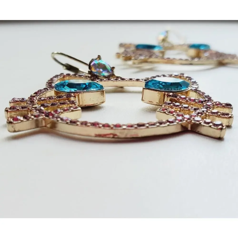Betsey Johnson Women's Pink Stone Open Cat Face Drop Earrings Fashion Jewelry
